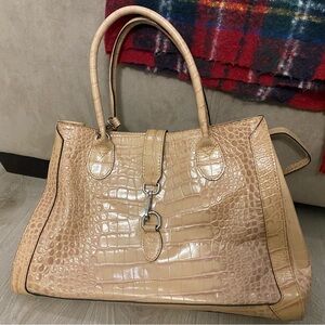 Pulicati Beige Crocodile-Embossed Satchel